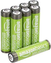 Amazon Basics - Paquete de 8 pilas recargables AAA NiMH de alta capacidad, 850 mAh, recargables hasta 500 veces, precargadas