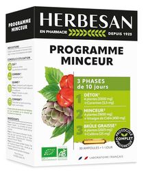 HERBESAN – PROGRAMME MINCEUR BIO – 3 phases : Détox, Minceur, Brûle-Graisse – Fabrication française – 10 plantes – Action complète – 30 ampoules de 10 ml