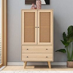 Merax Cassettiera con 2 cassetti Grandi e 2, Legno, con Ante in Rattan, da Cucina, libreria, Camera da Letto, Soggiorno e Ufficio, ingegnerizzato, Bianco, 60 x 40 x 120 cm