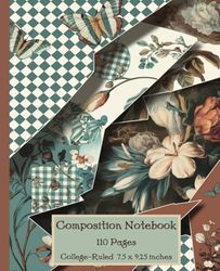 Composition Notebook College Ruled: Vintage Aesthetic Blue and Brown Floral Butterfly Illustration | Cute Journal