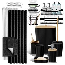 Shower Caddy and Bathroom Accessories Set with Bath Rugs 27PC Bathroom Accessory Set with Shower Caddies Black Bath Rugs, Shower Curtain Set, Toilet Brush, Trash Can, Soap Dispenser, Toothbrush holder