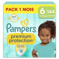 Pampers Premium Protection, Taille 6, 144 Couches, 13-18kg, Double Protection pour la peau et contre les fuites Avec Poche Stop & Protect pour aider à capturer les Fuites, Pack 1 Mois