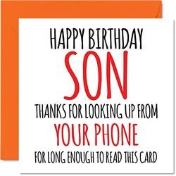 Funny Birthday Cards for Son - Look Up From Your Phone - Joke Happy Birthday Card for Son from Mum or Dad, Son Banter Birthday Gifts, 145mm x 145mm Birthday Greeting Cards Gift for Son