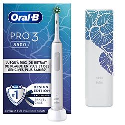 Oral-B Pro 3 3500 Brosse À Dents Électrique, Avec Capteur De Pression Pour Protéger Les Gencives, 3 Modes De Nettoyage, 1 Manche Blanc, 1 Étui De Voyage, 1 Brossette Ronde De Rechange