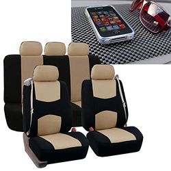 FH GROUP FH-FB351115 Housses de Ceinture de sécurité intégrées en Tissu Plat Tout Usage Beige/Noir, compatibles avec airbag et Banc divisé W. FH1002 Tapis de Tableau de Bord antidérapant – Convient à