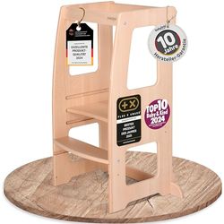 babybay inlärningstorn Littlefoot, maximal tippsäkerhet tack vare massivt bokträ, främjande av motorik, trippel höjdjusterbar, ergonomisk nybörjare, utskärning för kökshandtag, naturlackerad