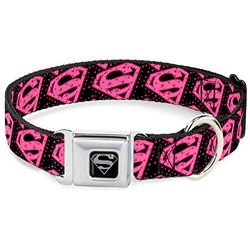 Buckle-Down 9-15" Diagonaal Superman Logo w/Hearts Zwart/Roze Hond Kraag, WM - Fits 16-23" - 1.5" Wide, Meerkleurig