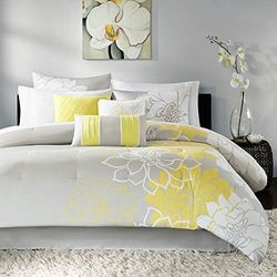 Madison Park Breathable, Soft Cover, Modern Print, All Season Down Alternative Cozy Bedding with Matching Shams, Cotton Sateen, Floral Grey/Yellow, Queen