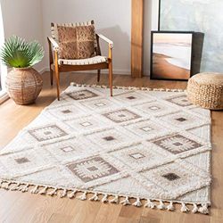 SAFAVIEH Shaggy MTS601 Tapis rectangulaire d'intérieur, tressé, Collection Shag Tassel Maroca, Blanc, Ivoire/Marron, 122 x 183 cm