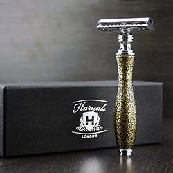 Haryali London Safety Razor - Double Edge Safety Razor - Elegant and Antique Design Saftey Razors - Antique Gold Color - Black Leather Pouch - Safety Razors for Men and Women