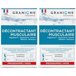 GRANIONS Décontractant Musculaire Crampes, gênes, raideurs musculaires Magnesium, Vit B, Cuivre, Selenium, Potassium Pour toute la famille Fabriqué en France 2x60 comprimés