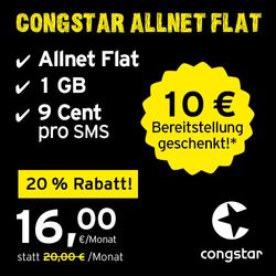 congstar Allnet Flat Plus [SIM, Micro-SIM och Nano-SIM] månatligt rullande kontrakt (1 GB data med schablon hastighet på 21 Mbit/s, Allnet Flat i alla tyska nätverk)