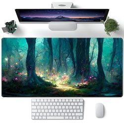 Grote muismat, blauw en groen bospatroon voor desktop, laptop, computertoetsenbord, gaming-muis, XXL-formaat, 80 x 40 cm, schattige bureauaccessoires