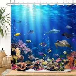 ZXMBF Ocean Underwater World Shower Curtain Colorful Tropical Fishes Turtle Coral in The Deep Sea Home Décor Waterproof Fabric 72x72 Inch Blue Plastic Hooks 12PCS