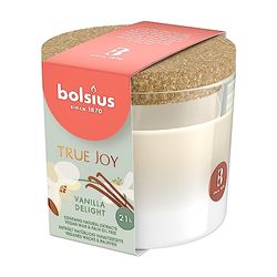 Bolsius True Joy doftljus – vanilj – elfenben – doftljus i glas – längd brinntid 21 timmar – med korklock – med naturliga extrakt – naturligt växtvax – utan palmolja