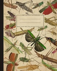 Composition Notebook College Ruled with Grasshoppers Vintage Scientific Illustration: Aesthetic Insects Journal for School, College, Office, and Work | Wide Lined | 110 Pages | Size: 7.5" x 9.25"
