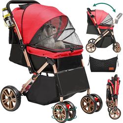 YITAHOME Passeggino pieghevole per cani e gatti fino a 22 kg con ruote girevoli a 360°, borsa per il trasporto, cuscino per finestre a rete, porta per gatti con cestino portaoggetti (rosso)