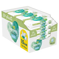 Pampers Harmonie Aqua Wet Wipes - 15 Packs of 48 Wipes, Restores Skin's Natural pH Value, Light Lotion with 99% Water
