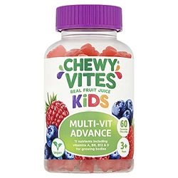Chewy Vites Kids Multivitamin Advance, 60 Kids Vitamins Gummies, 11 Essential Nutrients, 2 Months Supply, Real Fruit Juice, Vegan, Age 3 +, Blueberry and Raspberry Flavour