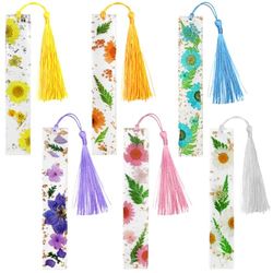 6 Pcs Book Marks for Women, SENHAI Transparent Floral Dried Flower Resin Bookmarks with 6 Pcs Colorful Silky Tassel, for Women Student Teacher Book Lovers
