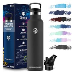 Grsta Borraccia Termica, Borraccia 1 litro, Borraccia con Cannuccia, Borraccia Palestra, Borraccia Acciaio Inox Senza BPA, Bottiglia Termica Senza Perdite, per Sport, Scuola, Yoga
