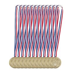 Relaxdays Medaglie d’Oro per Bambini in Set da 12, con Nastro, Fiaccola, Premio per Vincitori, 5 cm Ø, Plastica, Dorato, Poliestere