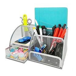 MDHAND Multifunzione Archiviazione, Organizer da Scrivania in Rete Semplice con Cassetto Scorrevole, Portapenne Ssalvaspazio, con 6 scomparti + cassetto