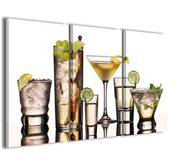 Kunstdruk op canvas, verschillende cocktails, moderne afbeeldingen van 3 panelen, klaar om op te hangen, 100 x 70 cm