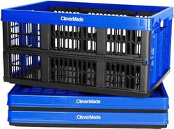 CleverMade Collapsible Utility Crate, Royal Blue, 3PK - 45L (11 Gal) Collapsible Storage Bins, Holds 66lbs Per Bin - Plastic Stackable Grated Wall Utility Containers, CleverCrates Baskets