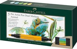 Faber-Castell Pitt Artist Pen Dual Marker, Animals Wallet of 5, Coloured Marker Pens, Drawing, Home Office, Art, Colouring