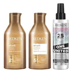 REDKEN All Soft Shampoo and Conditioner 300 ml Set, for Dry Hair, Nourishing and Softening, with One United 25 Multi-Benefits Leave In Conditioner and Treatment Spray 150 ml, Trio Routine