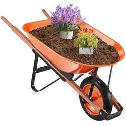 VEVOR 5 Cu. Ft 150 kg kapacitet, en dump, trädgård metallhandtag och 40 cm breda spårhjul, lättlastad verktygsvagn och vagnar för gräsmattodling, orange, 140 x 62 x 58 cm