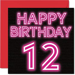 Leuke 12e verjaardagskaarten voor jongens en meisjes - Neon Glow - Happy Birthday-kaart voor zoon dochter broer zus kleinzoon kleindochter nichtje neef, 145 mm wenskaarten, 12e kaart