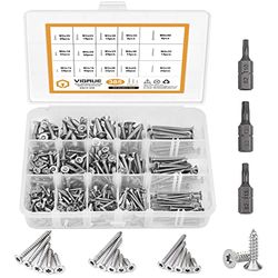 VIGRUE 385 stuks roestvrijstalen schroeven set M3 M4 M5, spaanplaatschroeven met verzonken kop, zelftappende schroeven met 3 stuks bits