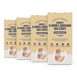 by Amazon, Strisce di cera per il bikini con profumo di vaniglia, carta in tessuto delicato con 4 salviette post depilazione, 4 unità, confezione da 16