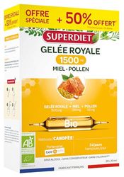 SUPERDIET-GELÉE ROYALE 1500MG BIO- Gelée royale, miel,pollen-Défenses immunitaires-Fabrication française-FORMAT PROMO -30 ampoules de 10ml