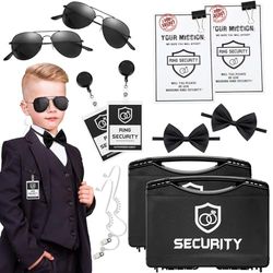 Mepase 14 Pcs Ring Wedding Security Set Include Ring Bearer Box ID Badge Holder Ring Bearer Sunglass Acoustic Earpiece Tube Mission Card with Binder Clip Bow Tie for Kids (PP Plastic Suitcase)