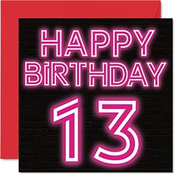 Leuke 13e verjaardagskaarten voor jongens en meisjes - Neon Glow - Happy Birthday-kaart voor zoon dochter broer zus kleinzoon kleindochter nichtje neef, 145 mm wenskaarten, 13e kaart