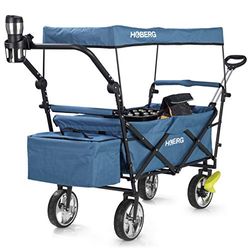 Hoberg Foldable Premium Handcart with Roof (LSF30) | Including parking brakes | Drink Holder, Cooler Bag, Transport Cart [80kg Load Capacity/Blue]