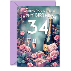 34th Birthday Card - Pink Presents Champagne Bottle - Gorgeous Pretty Beautiful Birthday Cards for 34 Year Old Woman Women, 5x7 Inch Greeting Cards Gift