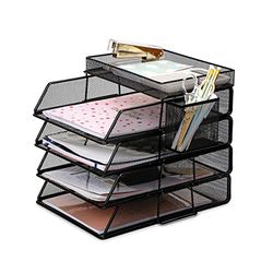 EXERZ Paper Trays Stackable 6pcs including 4 x Sorters, 1 x Top Tray,1 x Side Basket - Metal Desk Organiser/File Holder - Office, School
