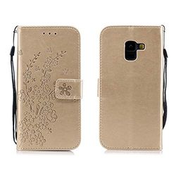 Carcasa de telefono for la Galaxia A8 (2018) Modelo de Flores del Ciruelo del Cuero del tirón con el sostenedor y Ranuras for Tarjetas y Monedero y la Cuerda de Seguridad (Verde) Horizontal