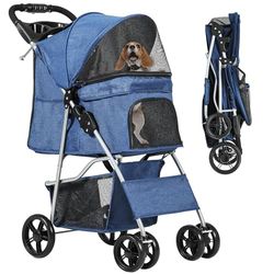 YITAHOME Hondenkinderwagen met 4 wielen en opbergmand, wandelwagen voor kleine tot middelgrote honden, opvouwbaar reisvervoer voor huisdieren, met bekerhouder en opbergmand (blauw)