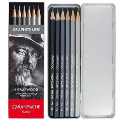 Caran d'Ache Graphite Line metal box with 1 each 9B, 7B, 5B, 3B, HB, and 2H, gray, 775.306