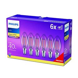 Philips LED Classic Lâmpada E14, 4 W, branco quente, pack 6 un (classe de eficiência energética F]