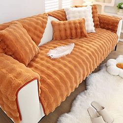 XSlive Soft Warm Faux Fur Couch Sofa Cover Thick Shaggy Fuzzy Sectional Couch Cover Non-Slip Solid Color Plush Sofa Slipcover Furniture Protector for Kids, Pets (Dark Orange,28"x35")