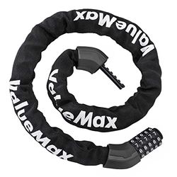 ValueMax Kettingslot voor fiets, code, 1000 mm x 8 mm, met 5 cijfers, wachtwoord, fietsslot van gehard staal, hoge veiligheid, voor fiets, motorfiets, deur, poort