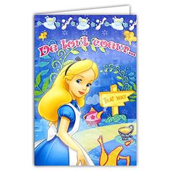 Disney Alice in Wonderland kaart Happy Birthday met glinsterende pailletten omslag roze binnenkant geïllustreerd hoedenmaker theepot theekopje meisjes sprookjes kinderen 130947