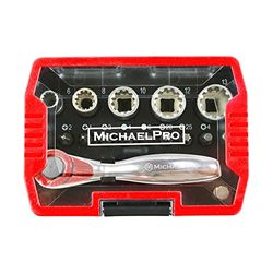 Michaelpro MP012006RD - Llave de trinquete (1/4", mini destornillador de alto par, carraca 17 en 1, con puntas de 4 mm, ranuras y adaptador)