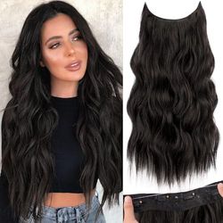 KooKaStyle Extensions de cheveux invisibles avec fil transparent, taille réglable, 4 clips sécurisés, postiche longue ondulée, cheveux secrets, 50,8 cm, marron foncé pour femme